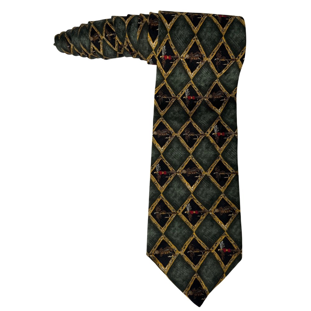 JZ Richards Mens Silk Tie Green Black Diamond Fly Fishing Hand Crafted USA